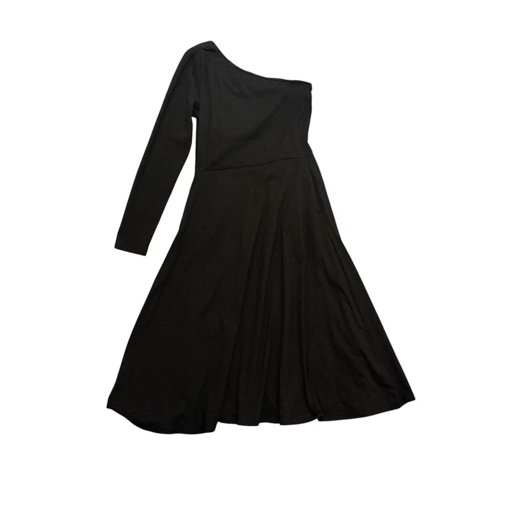Pact Fit & Flare One Shoulder Midi Dress Large Minimalist Pocket Black Organic - Picture 2 of 7